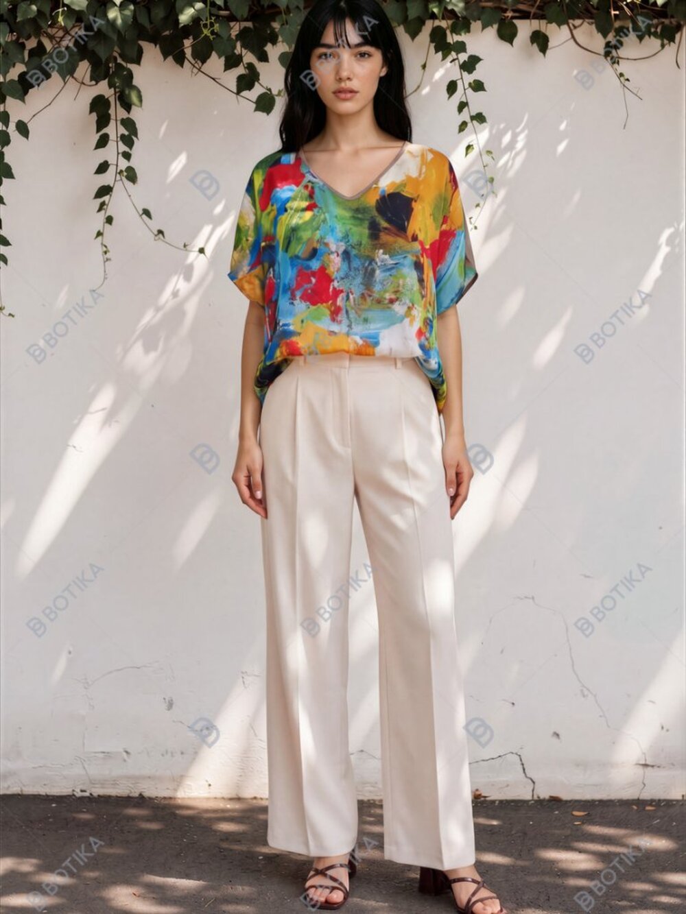 Mediterranean Abstract Art V‑Neck Blouse – Rare VIDA × Noora Elkoussy Collab